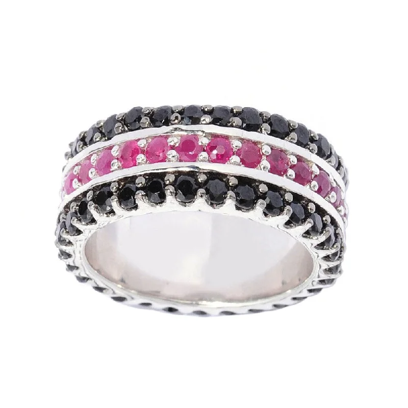 Sterling Silver Black Spinel and Ruby Three-row Iternity Band Ring