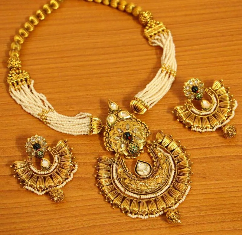 ruby necklaces for women -birthstone pendant necklaces for women -Gold Look Kundan Polki Pearl Peacock Necklace Set