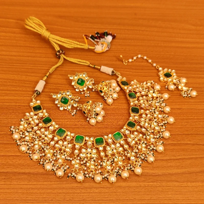 romantic necklaces for women -timeless necklaces for women -GREEN UNCUT KUNDAN POLKI & PEARL SEMI BRIDAL NECKLACE SET