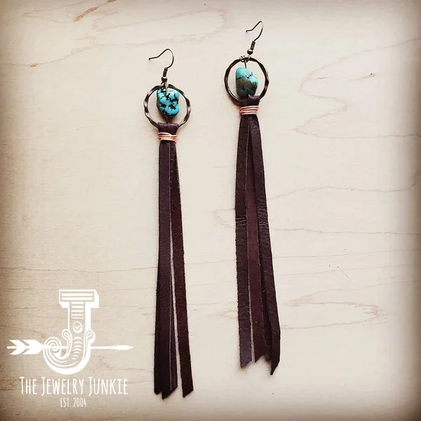 minimalist earrings for women -gold stud earrings for women -Turquoise Drop Earrings w/ Brown Leather Tassel